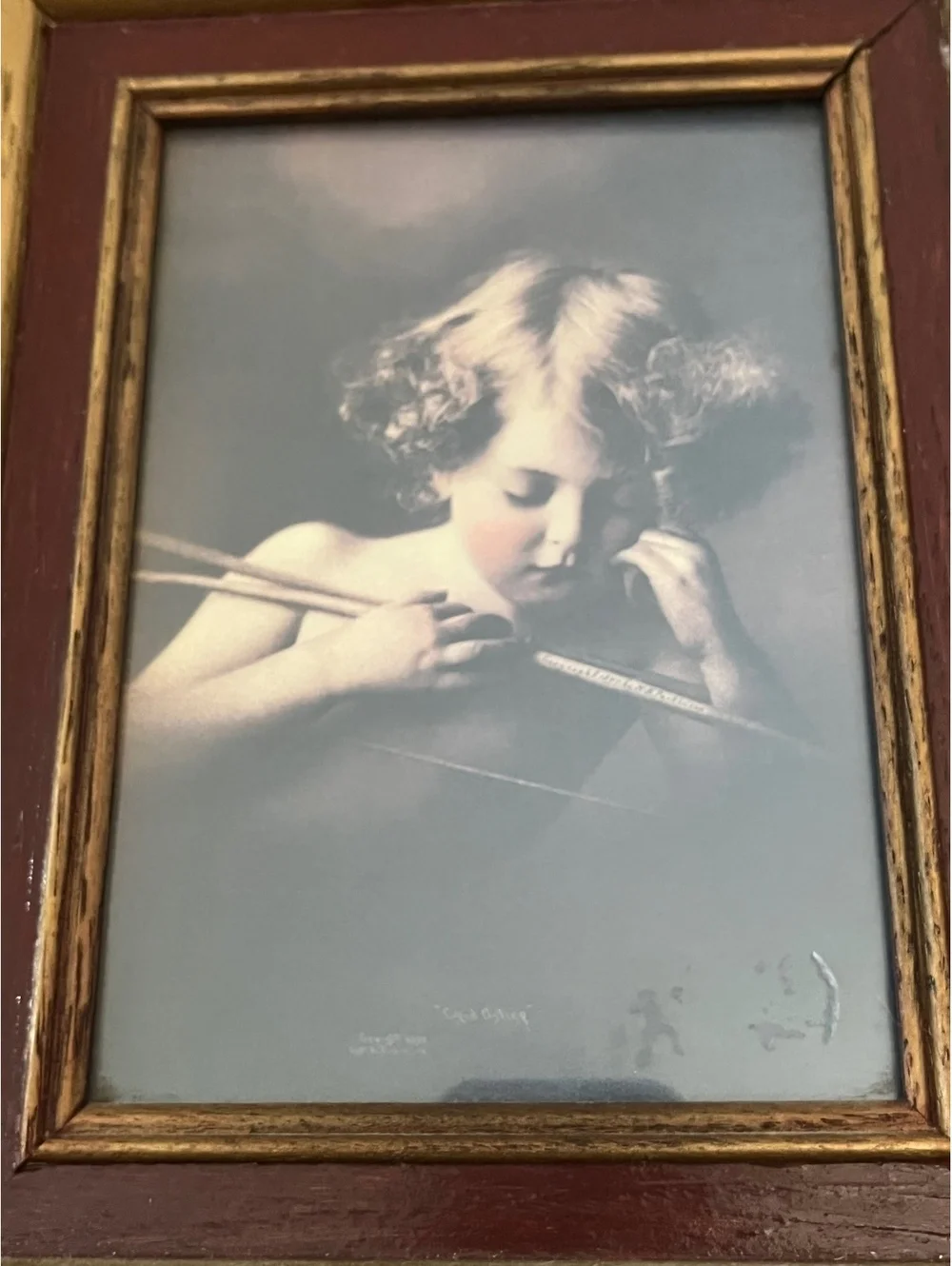 Pair of Vintage Framed Prints Featuring Cherubic Children with Arrows in Gold-Tw